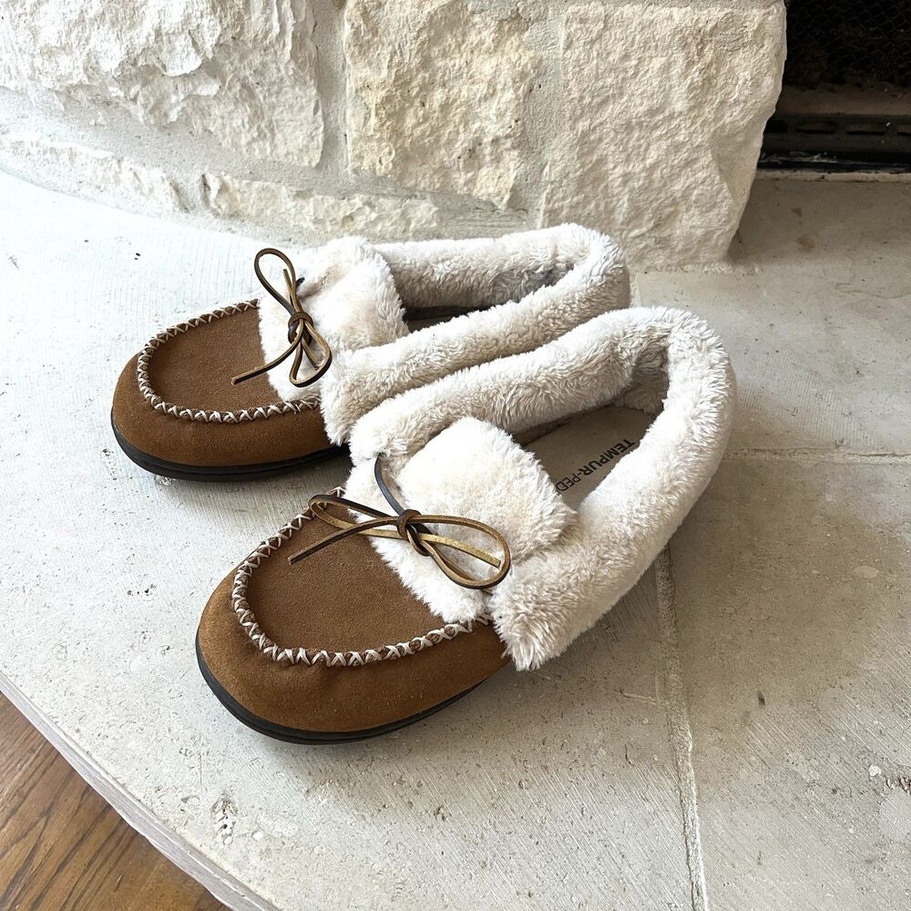 11W Women's Tempur-Pedic Luxurious Tan Moccasins with Soft White Lining